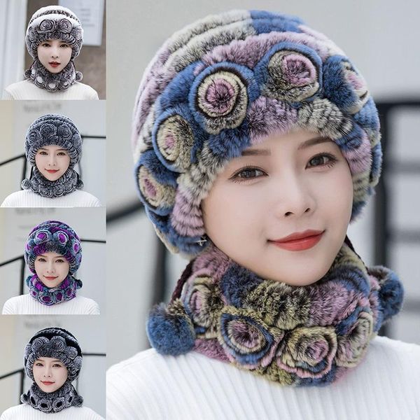 

beanie/skull caps winter women flowers striped natural real rex fur hat scarf suite lady warm knit outdoor thicken flower, Blue;gray