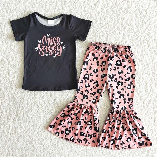 

boutique kids summer short sleeve outfits toddler girl black and bells set letters design leopard clothing suit, White