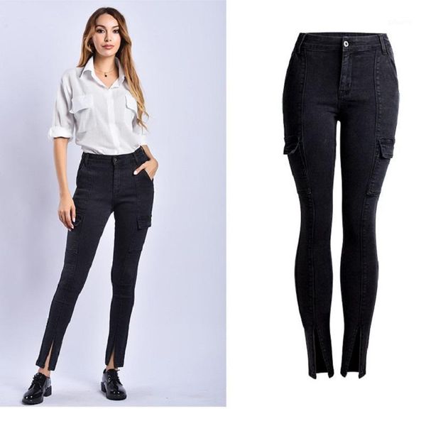 

arrival summer style female fashion black solid split high waist night club denim pencil pants women's jeans, Blue