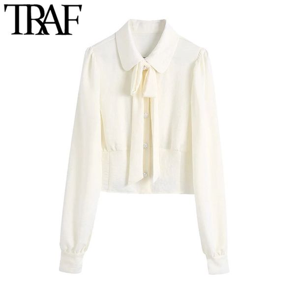 

women fashion with bow cropped blouses vintage lantern sleeve bejewelled buttons female shirts chic 210507, White