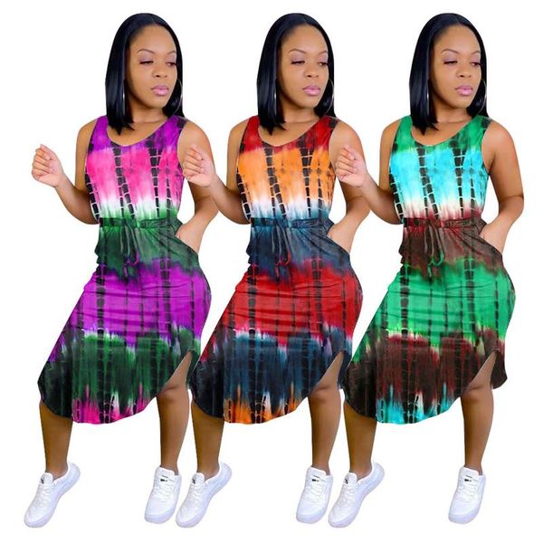 

casual dresses tie dye print sleeveless maxi dress summer o neck beach vestidos, Black;gray