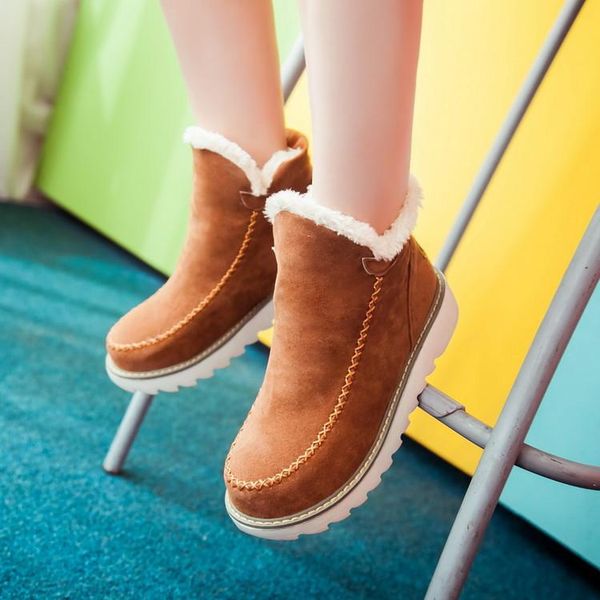 

boots autumn winter women snow round toe ankle warm plush slip-on shoes flats black beige brown plus size ty12