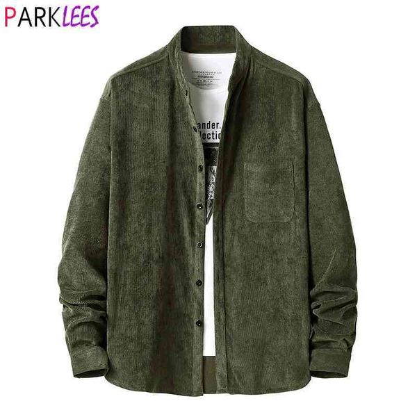

army green corduroy shirt male brand banded collar long sleeve shirts mens button down workwear regular fit casual shirt 210522, White;black