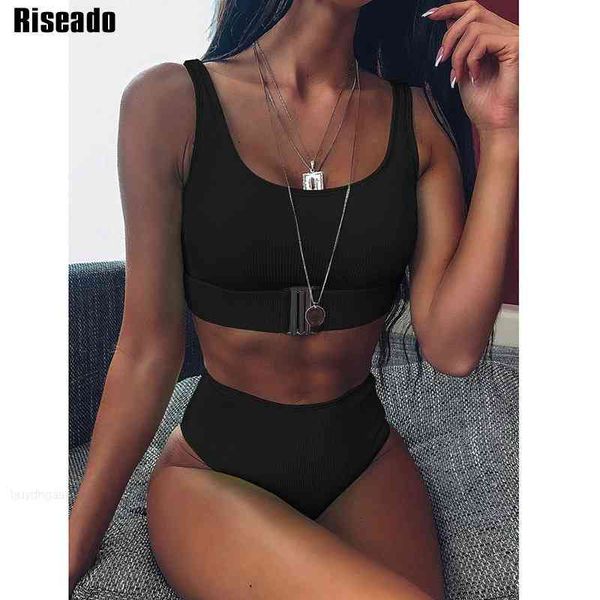 

high women 2021 riseado waist swimwear black swimsuits bikinis buckle front beach wear ribbed brazilian biquini summer, White;black