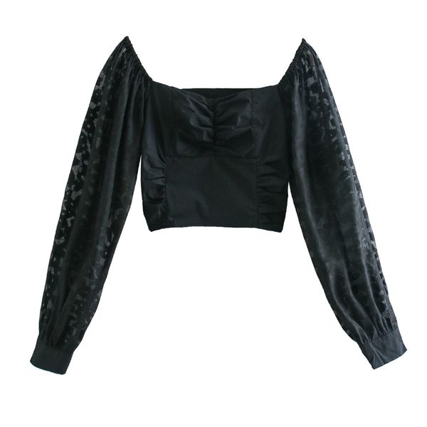 Mode Frauen Jacquard Organza Langarm Spleißen Kurzes Hemd Weibliche Schwarze Bluse Casual Dame Crop Tops Blusas S8522 210430