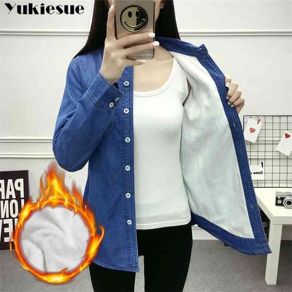 

casual winter autumn warm thick fleece denim blouses women ladies women blouses long sleeve shirt plus size s-3xl 210401, White