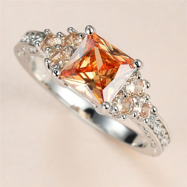 

cute female champagne crystal stone ring charm silver color wedding rings for women promise bride square zircon engagement, Slivery;golden
