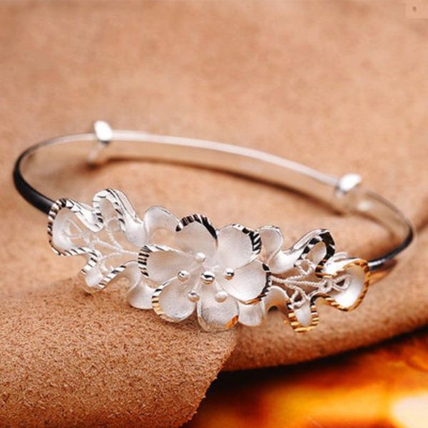 

bangle elegant bauhinia adjustable bracelet women flower vera silver plated for wedding party jewelry gifts, Black