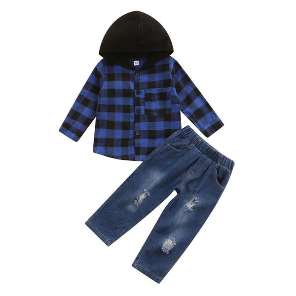 

clothing sets born baby boy pants clothes suit long sleeve v neck hooded plaid blouse denim ripped trousers outfits, White