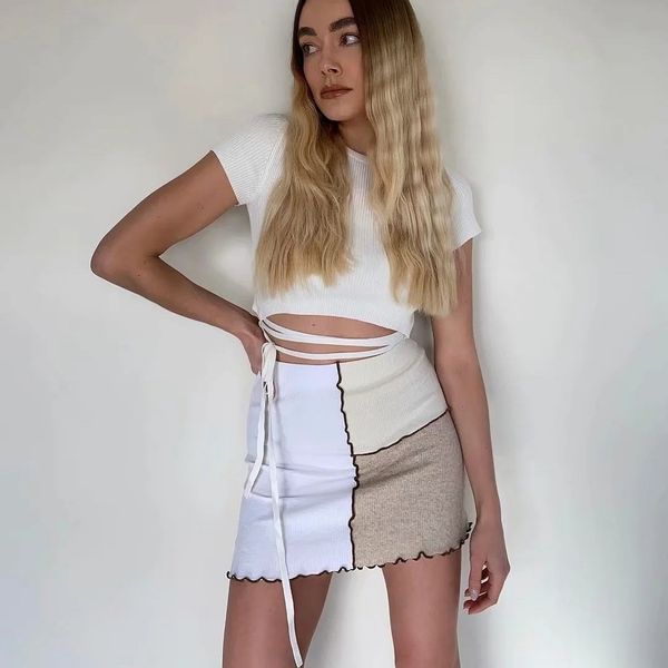 

casual patchwork women pencil mini skirt summer bodycon screw thread y2k skirts fashion all match streetwear 210521, Black