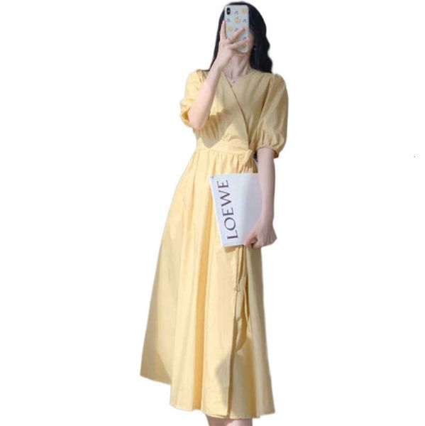

2021 summer temperament french first love v-neck close waist thin ins still solid color drs, Black;gray