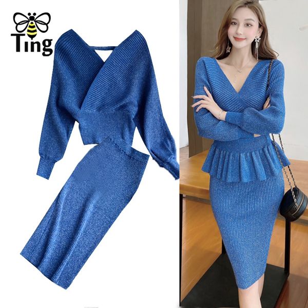 

fashion chic cross v neck knitting sweater & bodycon skirt women two pieces sets knitted dress casual 210513, White
