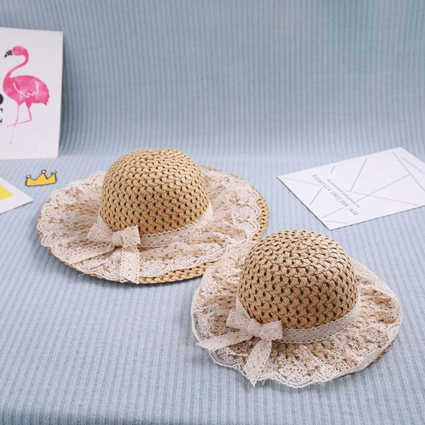 

parent child summer lace straw hat princess sun big brim children fresh sun hat girl beach, Yellow