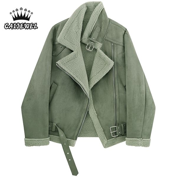 

women's fur lamb plush jackets winter overcoat streetwear baggy thick warm female green zipper cotton padded coat outerwear 211215, Black