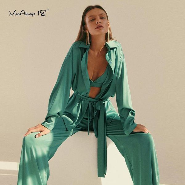 

women's two piece pants mnealways18 loose women 3 pieces sets satin long sleeve shirt with bra female casual homewear wide leg home sui, White