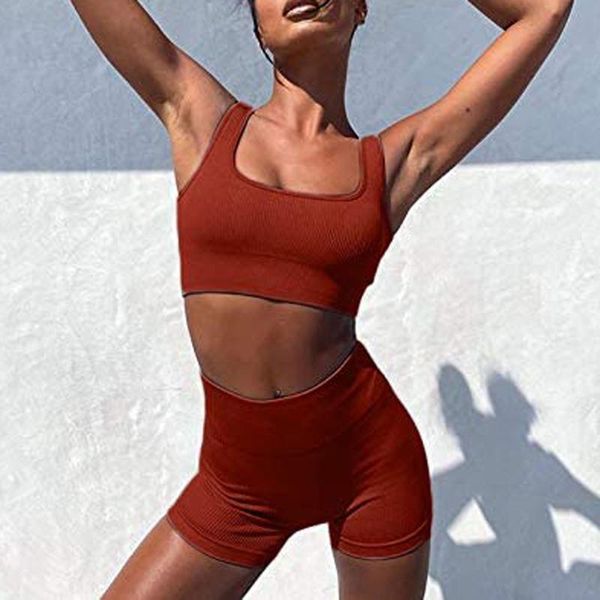 

women sleeveless seamless ribbed crop tank high waist shorts yoga outfits sewomen fitness leggings workout sports suit activewts women', Gray