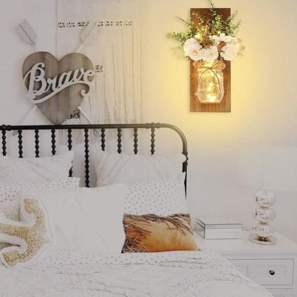

wall lamp lamprustic mason jar sconces, handmade art hanging home decor 2 set with led fairy lights decorative peony flower
