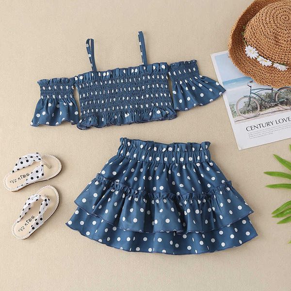 

style western style blue polka dot girls' printed summer skirt set sling solid color children's cake skirt children's wear