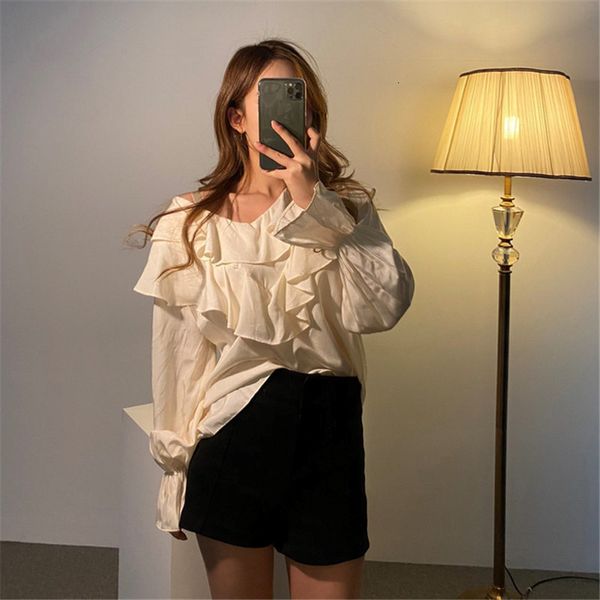 

blouses ruffles flare sleeves slender chic shirts solid office lady streetwear all-match retro brief blouses, White
