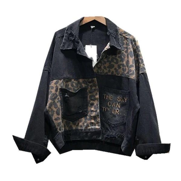 

streetwear vintage black leopard women denim jacket spring harajuku punk jean jackets coat autumn boyfriend loose pocket fashion women', Black;brown
