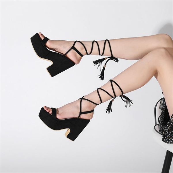 

sandals bonjomarisa elegant open toe platform flock ankle strappy fringe vintage summer women 2021 party wedding shoes, Black