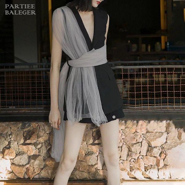 

chic black blazer ruched mesh corss deisgn sleeveless v neck celebrity party club femal women's suits & blazers, White;black