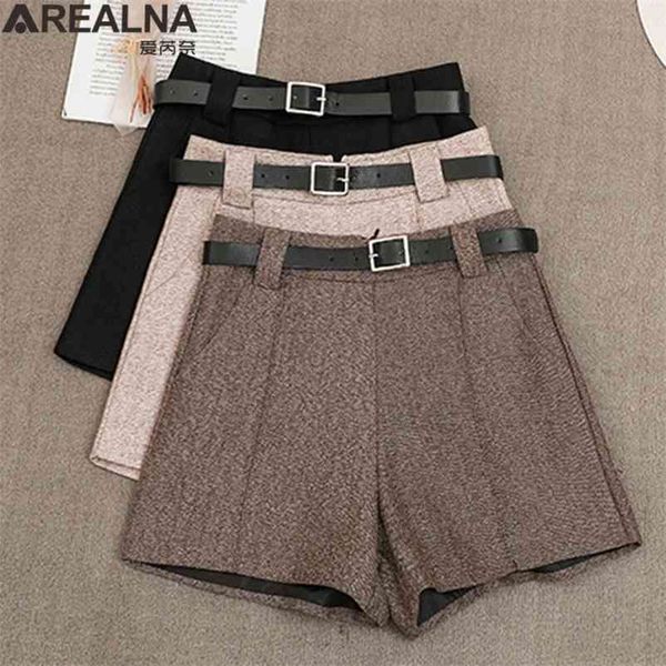 

comfortable elegant wild shorts with belt women's woolen shorts autumn winter casual slim wide leg a-line balck shorts bigsweety 210331, White;black