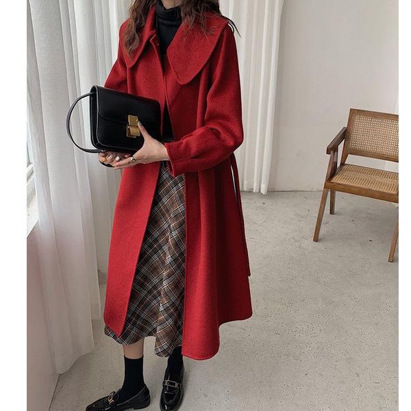 

women's wool & blends autumn winter woman long solid color woolen coat female loose blend outerwear ladies casual jacket overcoat a255, Black
