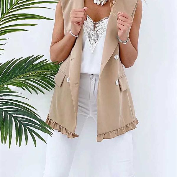 

slmd stylish chic khaki ruffles double breasted vest coat women fashion pockets waistcoat female casual outfitsar 211120, Black;white