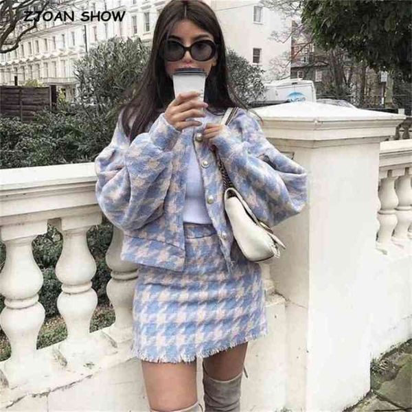 

vintage sweet women pearl button check gingham plaid blazer high waist a line mini short skirts long sleeve suits 2 pieces set 210429, White