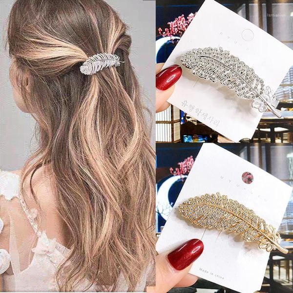 

korean feather hair clips for women jewelry fashion rhinestone gold silver color barrette girl wedding hairgrip accessories1