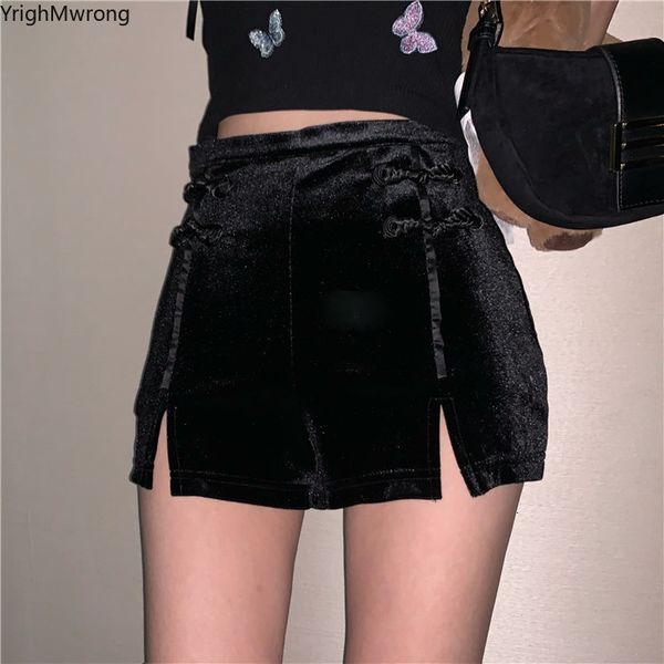 

dark cute women black velvet slit ant gothic harajuku cheongsam bow lolita slim bandage summer short high waist 210304, White;black