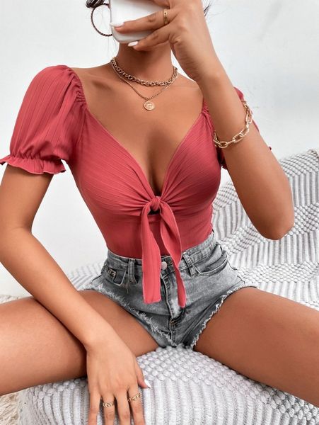 

puff sleeve knot front tee y5vc#, White