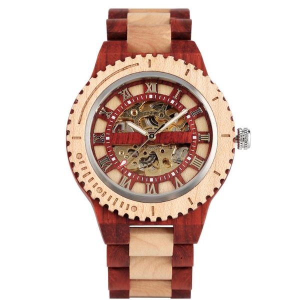 

wristwatches redfire automatic men wooden watches roman numerals skeleton display round dial business casual mens watch folding clasp, Slivery;brown