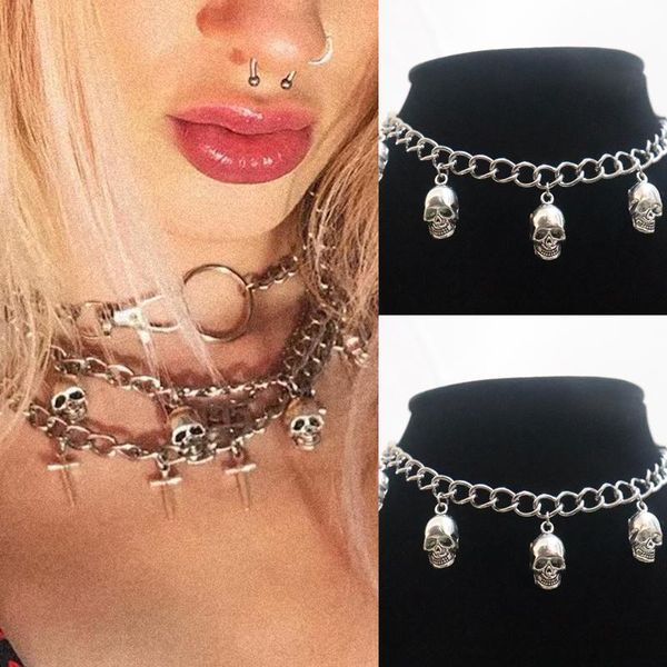 

pendant necklaces 2021 hip-hop dark gothic necklace metal skull clavicle chain choker for women men fashion halloween jewelry, Silver