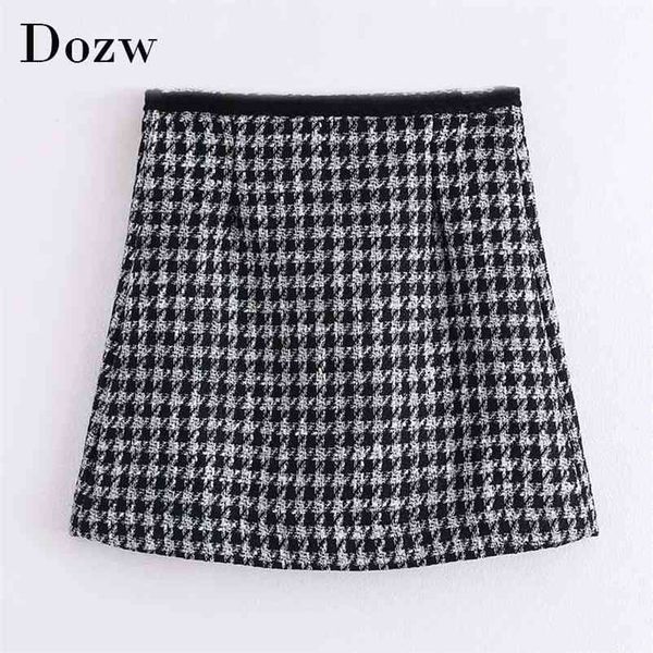 

chic plaid tweed mini skirt women a line office pleated ladies s high waist vintage houndstooth jupe femme 210515, Black