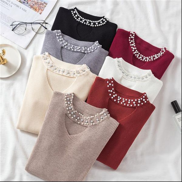 

autumn and winter korean women sweater pullover with slim body hollowed out nail beads knitwear for, White;black