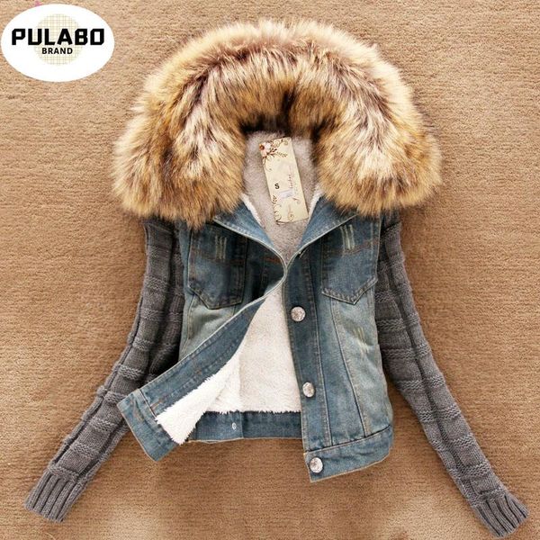 

women winter thick jeans jacket faux fur collar fleece hooded denim coat female padded warm outwear drop women's jackets, Black;brown