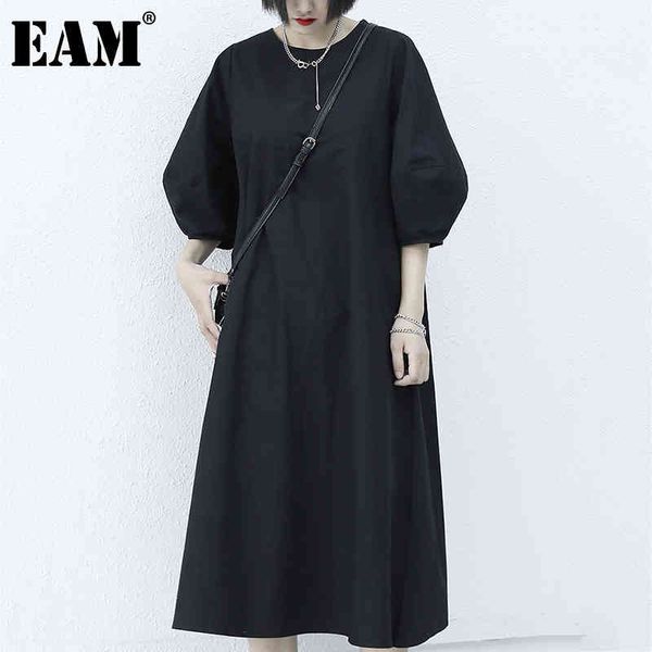 

[eam] women black big size casual dress round neck short lantern sleeve loose fit fashion spring summer 1dd7340 210512, Black;gray