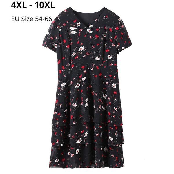 

dresses plus size 10xl 9xl 8xl women summer short sleeves dresses mujer v neck floral print chiffon clothes elegant ladies tutu dress, Black;gray