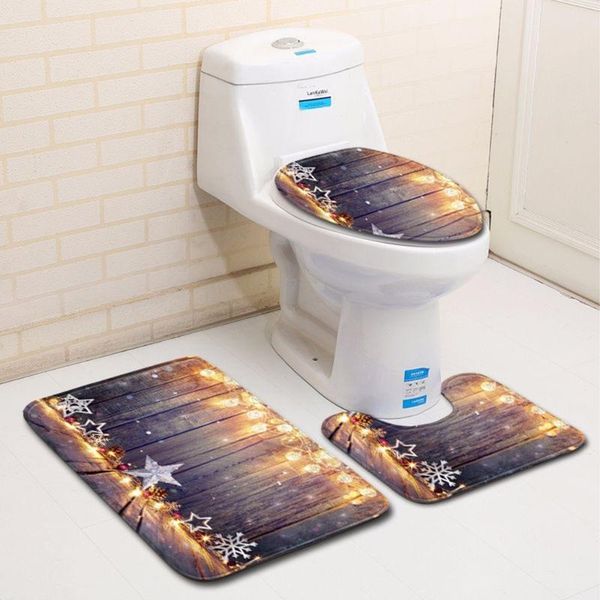 

christmas toilet seat cover 3pcs set bathroom mat home absorbent door mats washroom decoration carpet printing flannel rug covers