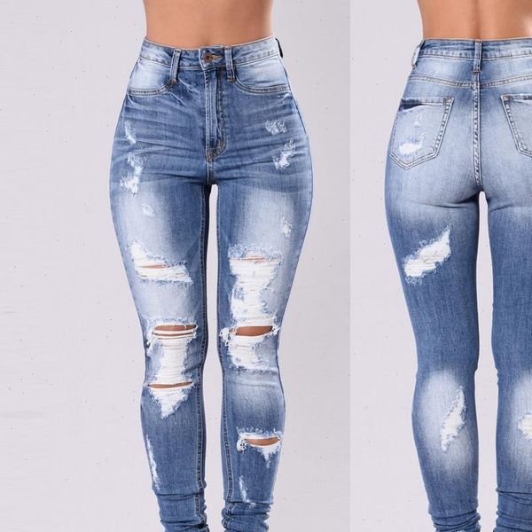 

denim skinny trousers ripped hole womens jeans vintage pencil pants high elasticity stretch plus size 3xl 3, Blue