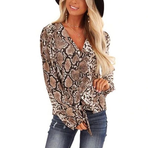 

snake printed women blouses long sleeve v neck pullover shirts blouse chemisier femme ladies bluzka damska women's &, White
