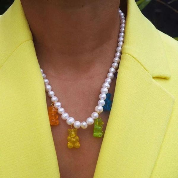 

chains korean white pearl choker colorful cartoon gummy bear zircon beaded necklace for women hip punk design party jewelry, Silver