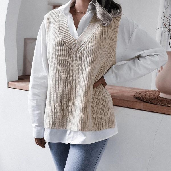 

women's sweaters solid chunky knitted sweater women v-neck sleeveless loose pullover lazy elegant office lady slim warm top, White;black