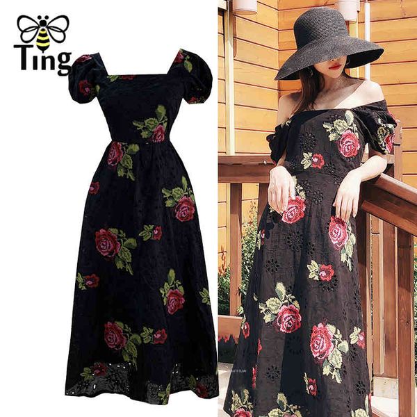 

victorian vintage elegant rose flower embroidery black party dinner dresses puff sleeve summer a line dress aesthetic 210513, Black;gray