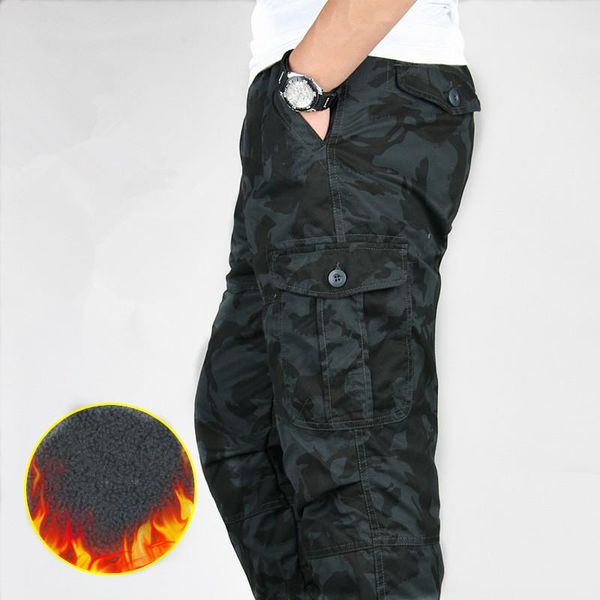 

winter thicken warm fleece cargo pants men cotton camouflage trousers baggy military tactical casual multi pocket pant men's, Black