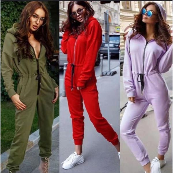 

trendy slim fit hood zipper fleece jumpsuit women two piece outfits women's tracksuits, Gray