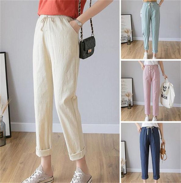 

women's pants & capris women casual long ankle length trousers high waist 2021 summer autumn plus size elastic cotton linen, Black;white