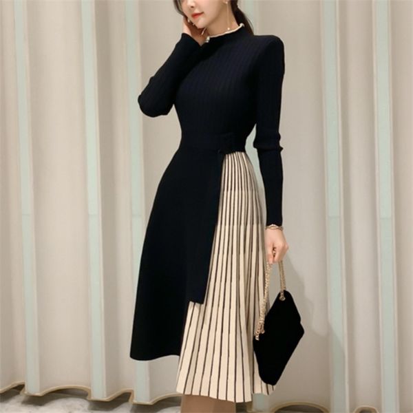 

autumn winter women fashion stitching stripe pleated sweater dress elegant long sleeve ol midi knitted runway vestidos robe 210514, Black;gray